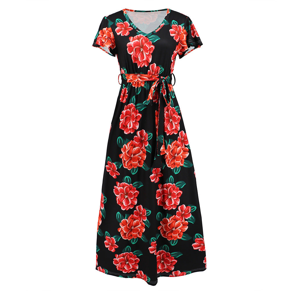 Women's Slim-fit Temperament Short-sleeved V-neck Rose Print Dresses
