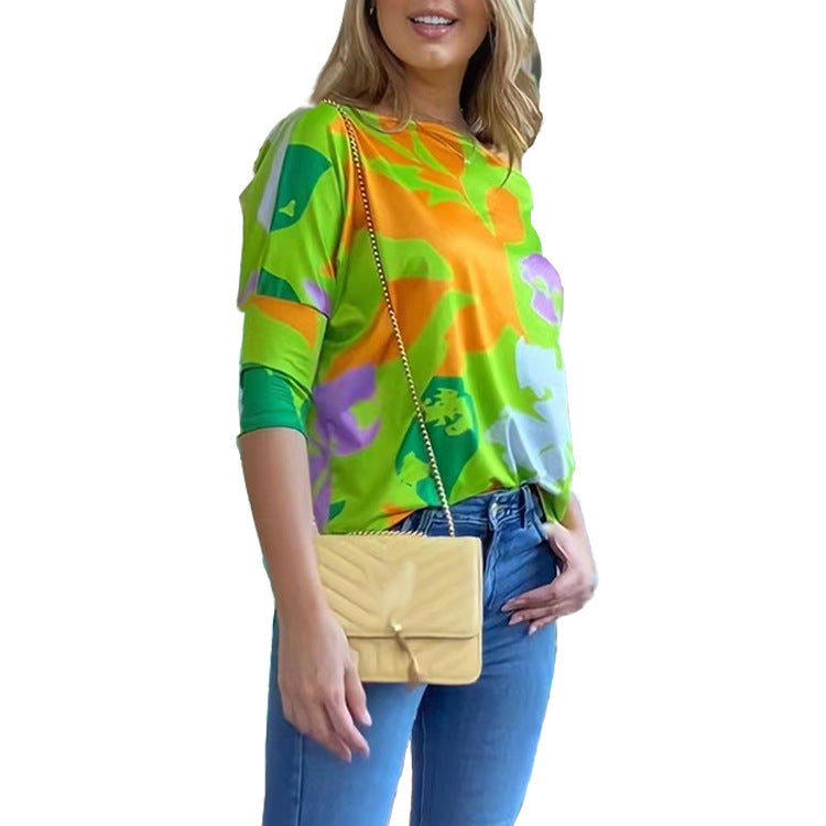 Women's Geometric Contrast Color Printed Long-sleeved Loose Blouses