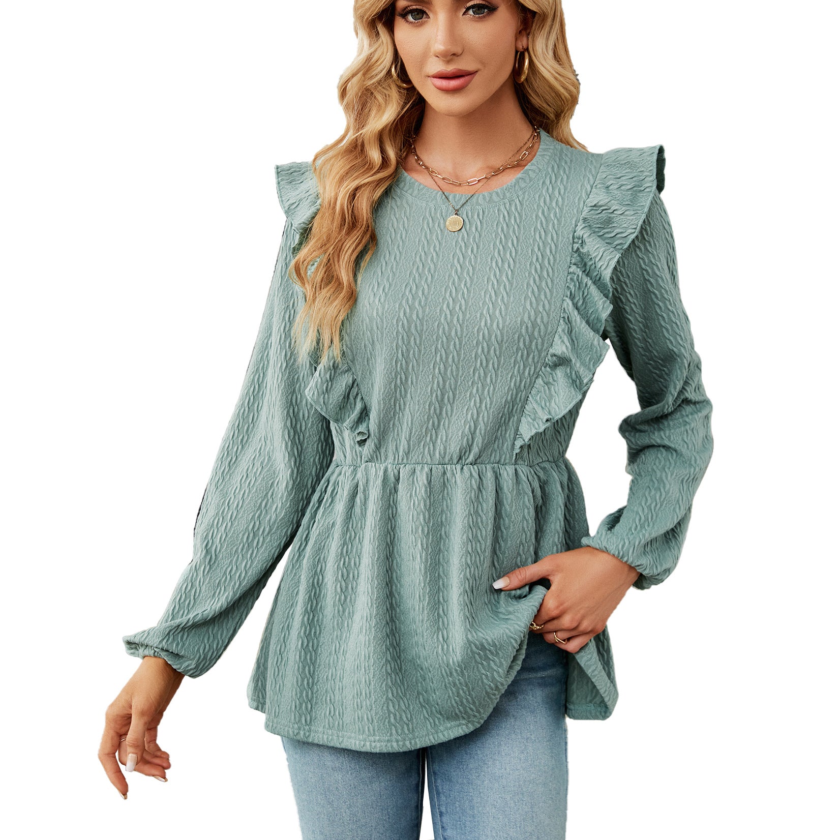 Women's Solid Color Pleated Patchwork Round Neck Blouses