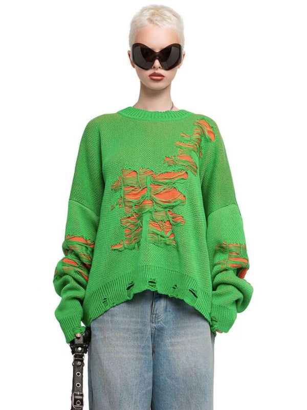 Women's Casual Loose Broken Three-color Pullover Long Sweaters