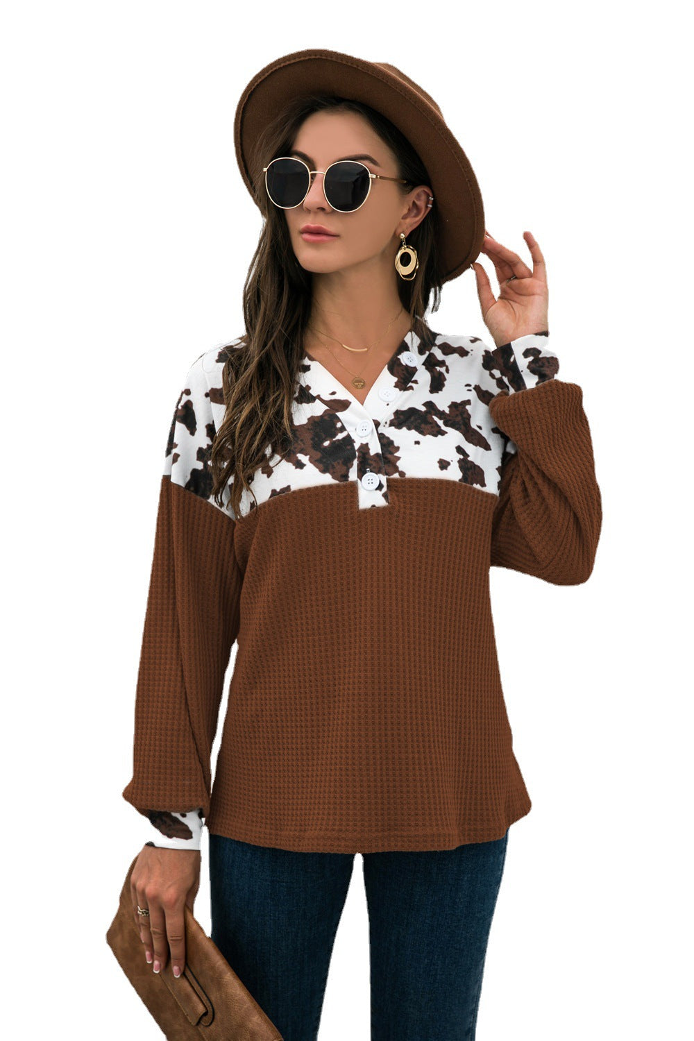 Women's Printed Stitching Loose Casual Leopard Button Long Blouses