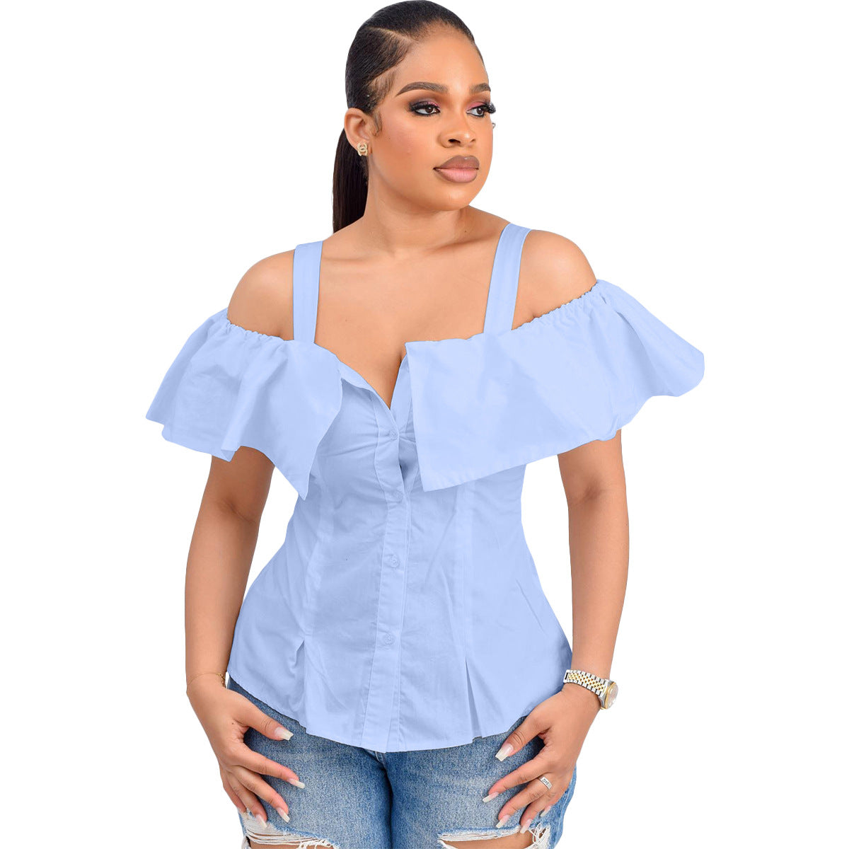 Women's Shirt Button Ruffled Spaghetti Straps Adjustable Blouses