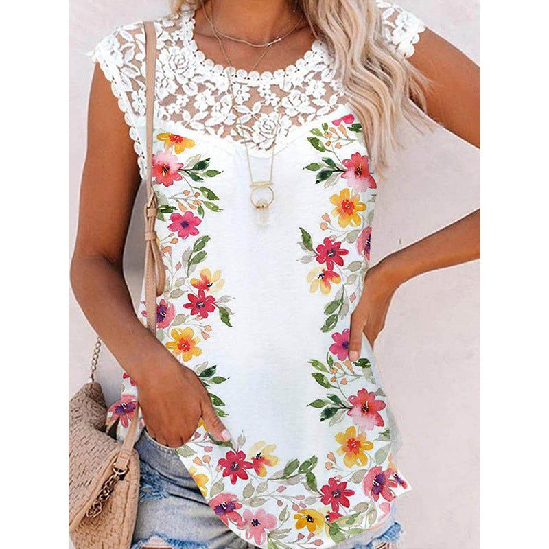 Women's Summer Printed Round Neck Lace Casual Loose Colored Vests