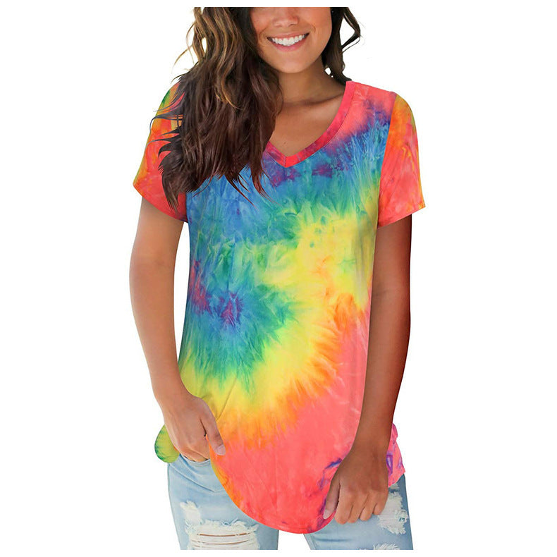 Women's Summer Street Hipster Pullover Tie-dyed V-neck Blouses