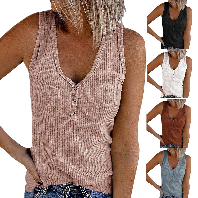 Women's Summer Button Solid Color V-neck Sleeveless Tops