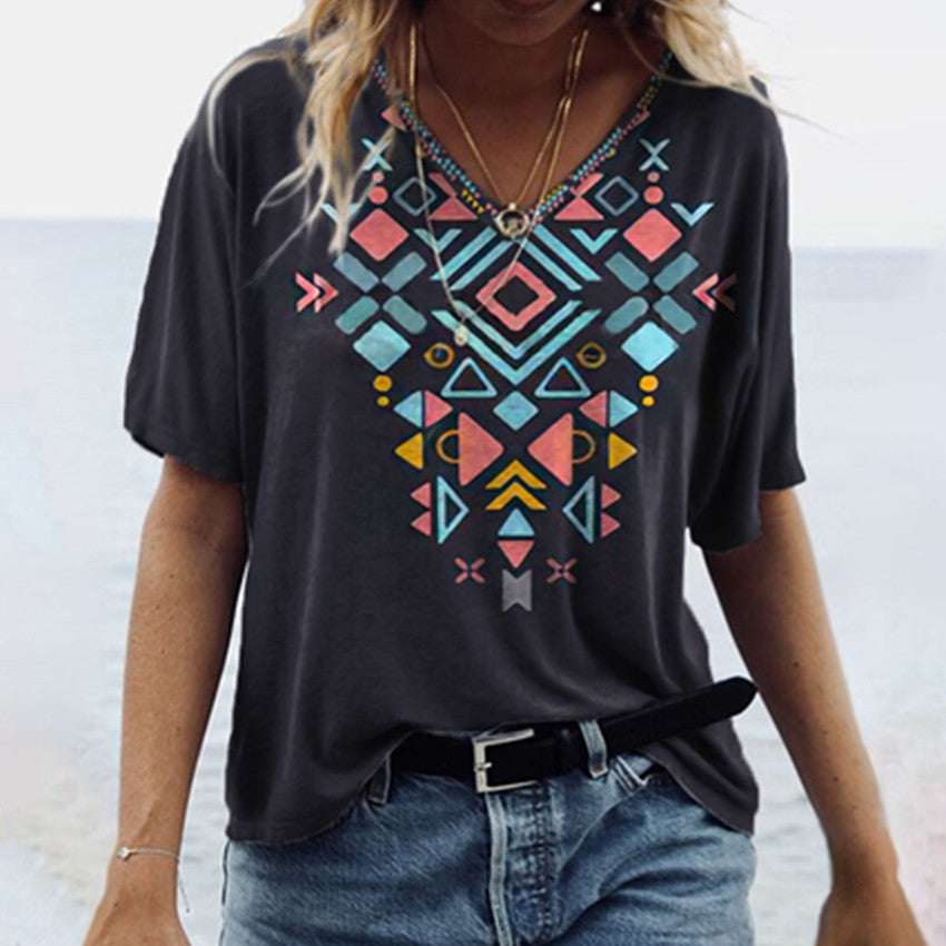 Women's Vintage Printed Geometric Pattern V-neck Sleeve Tops