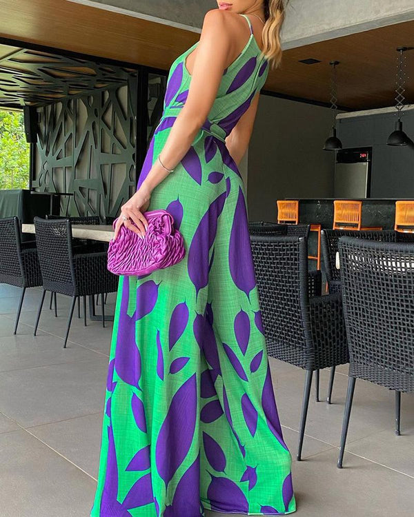 Commute Sleeveless Swing Strap Printed Purple High Waist Dresses