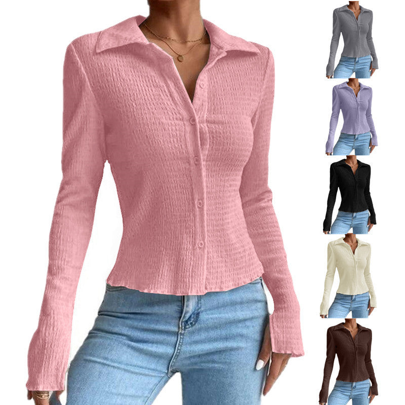 Women's Solid Color Stitching Sleeve Button Lapel Blouses