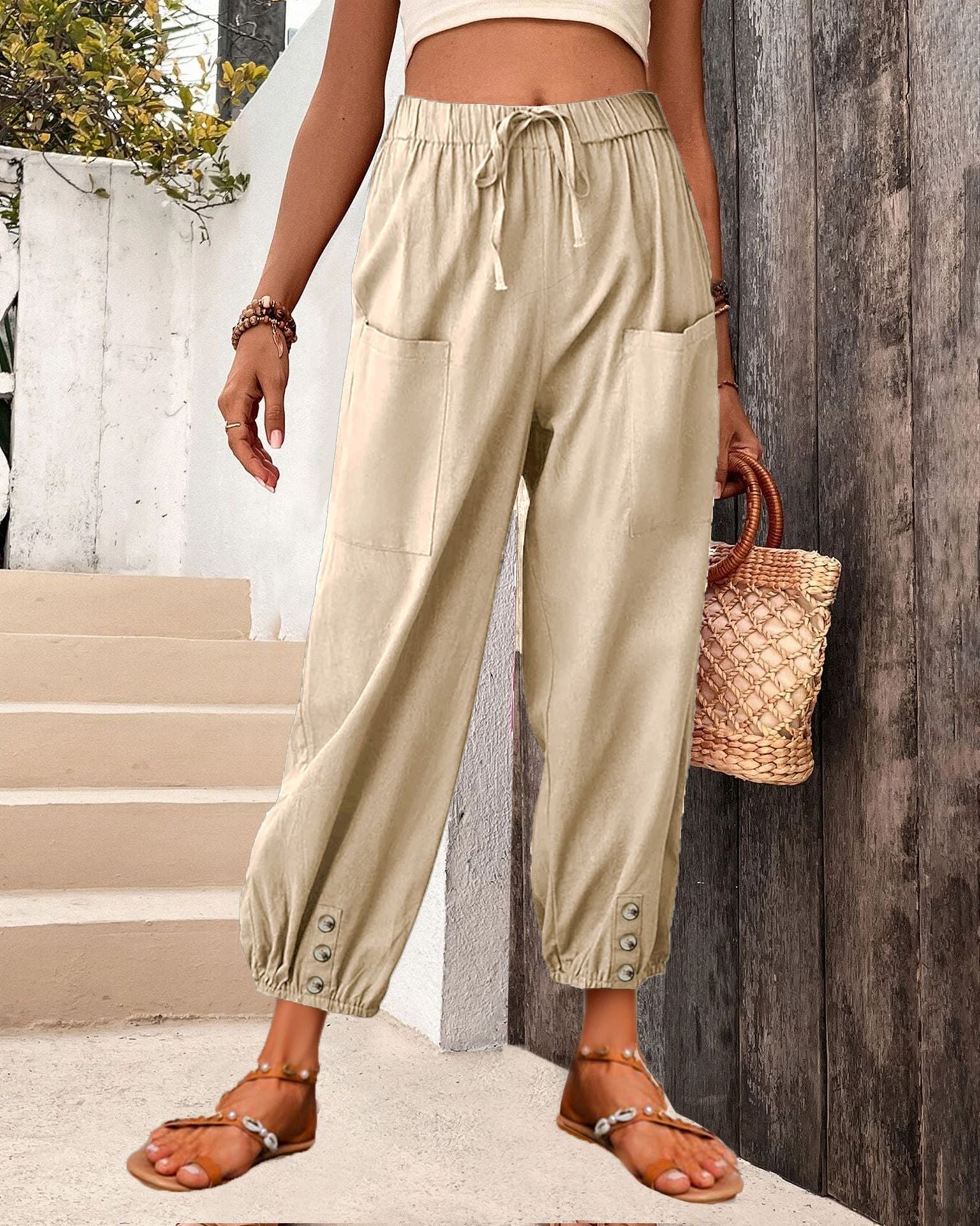 Women's Trendy Loose High Waist Button Linen Trousers Cropped Pants