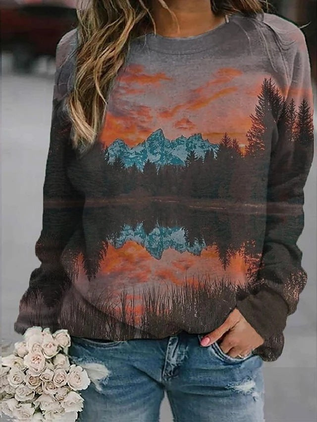 Langärmlige Pullover mit Landschaftsblumen- und Blumenmuster für Damen