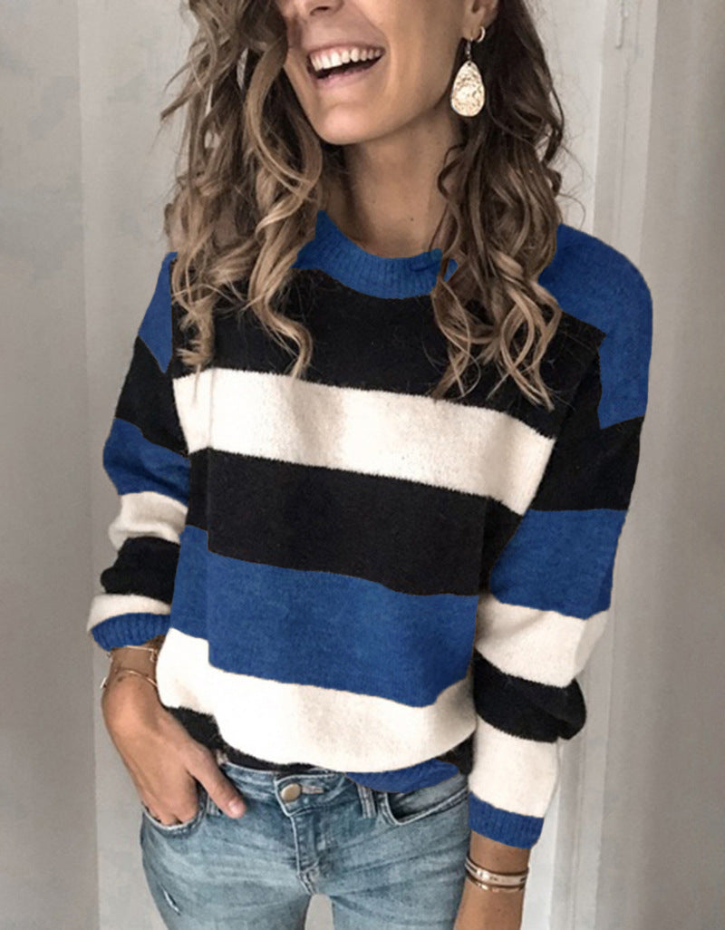 Women's Large Contrast Color Striped Pullover Loose Sweaters