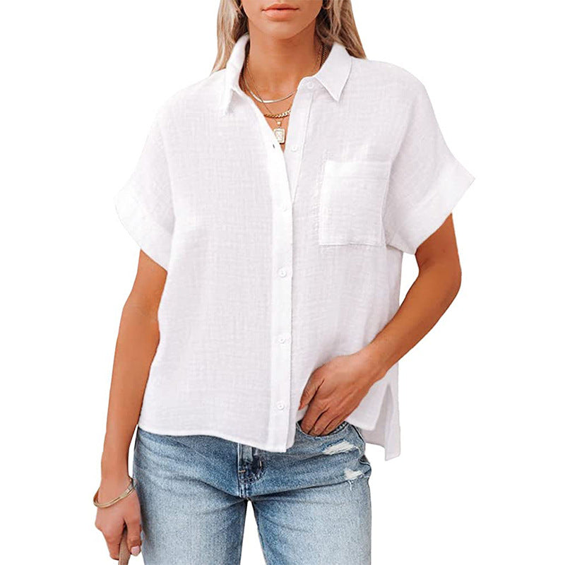 Women's Summer Cotton Linen Short-sleeved Casual Pocket Blouses