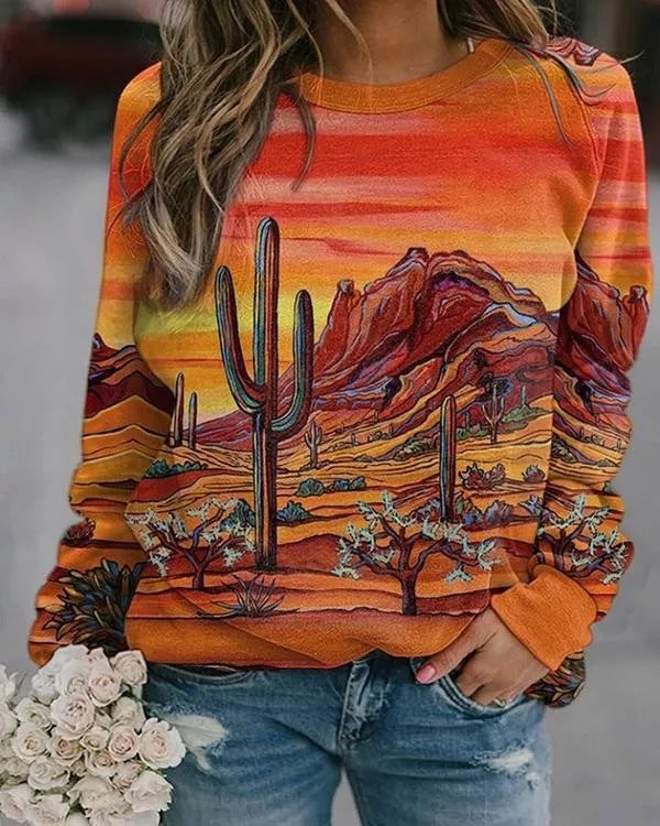 Langärmlige Pullover mit Landschaftsblumen- und Blumenmuster für Damen