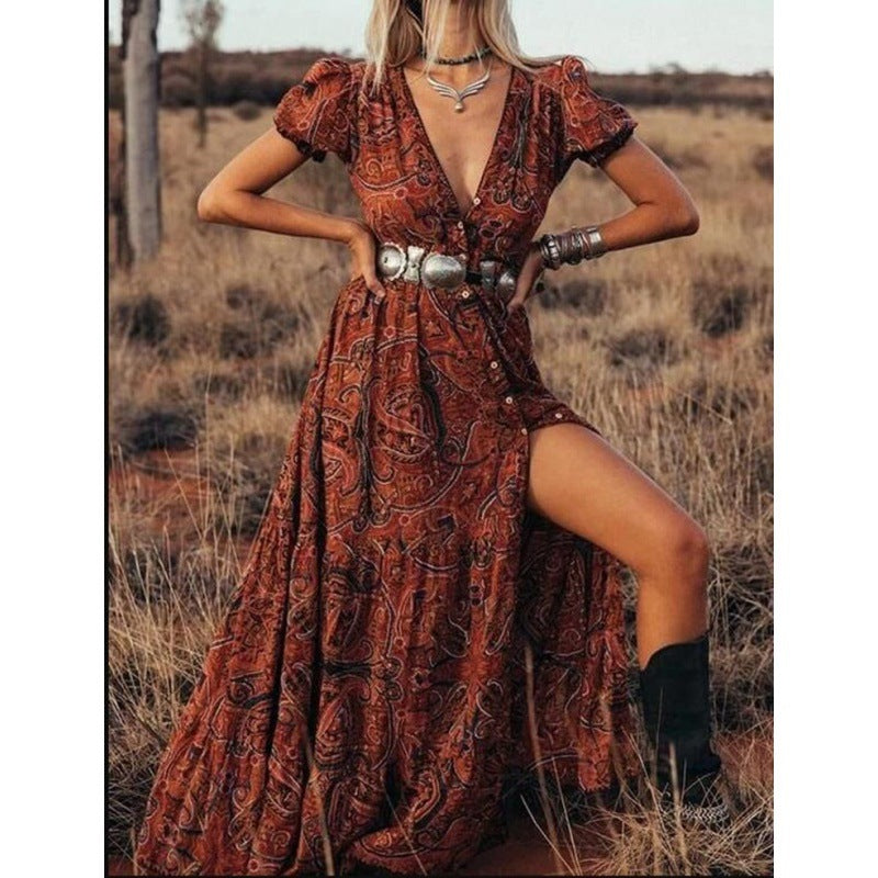 Women's Summer Sexy Print V-neck Sleeve Bohemian Holiday Dresses