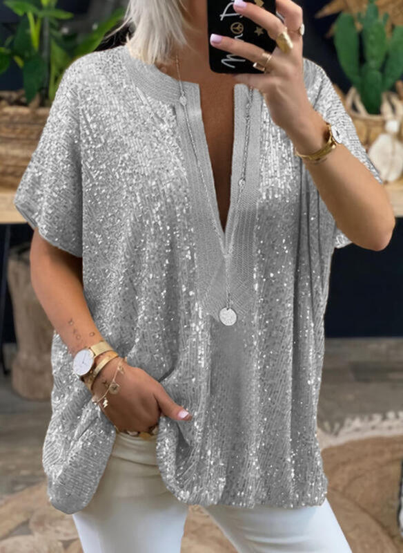 Loose Sequins V-neck Sleeve Casual Shirt Shorts