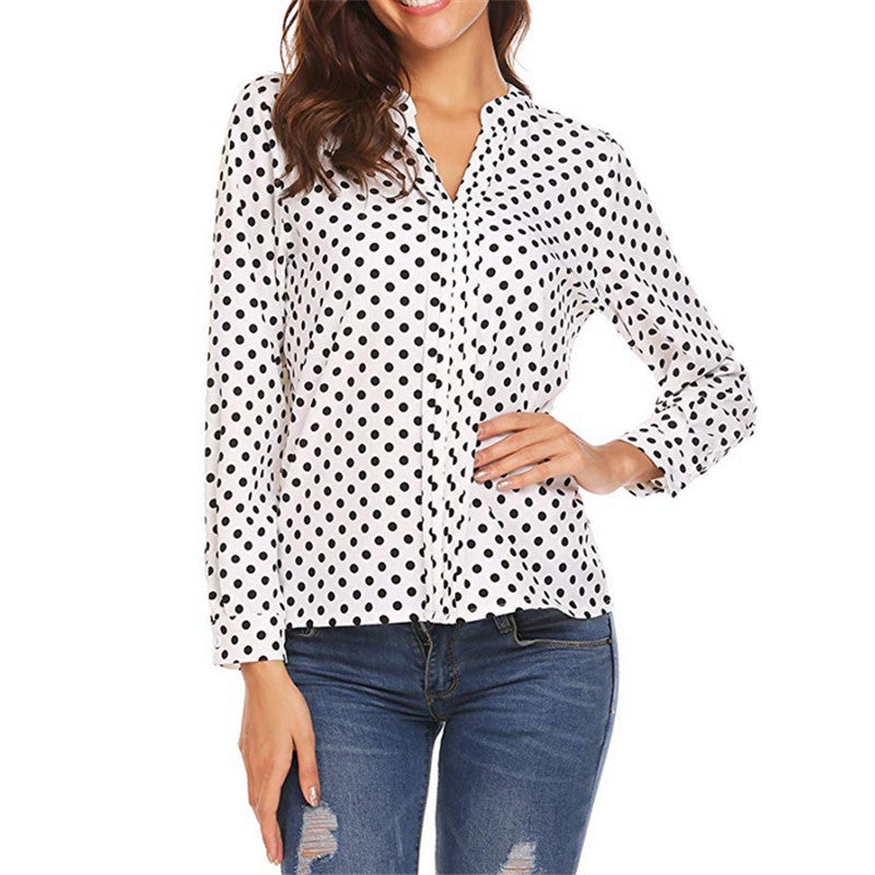 Women's Large Shirt Dotted Prints Long Sleeve Rolled Blouses