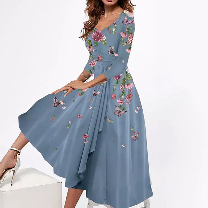 Women's Sexy V-neck Loose Floral Print Mid-length Dresses