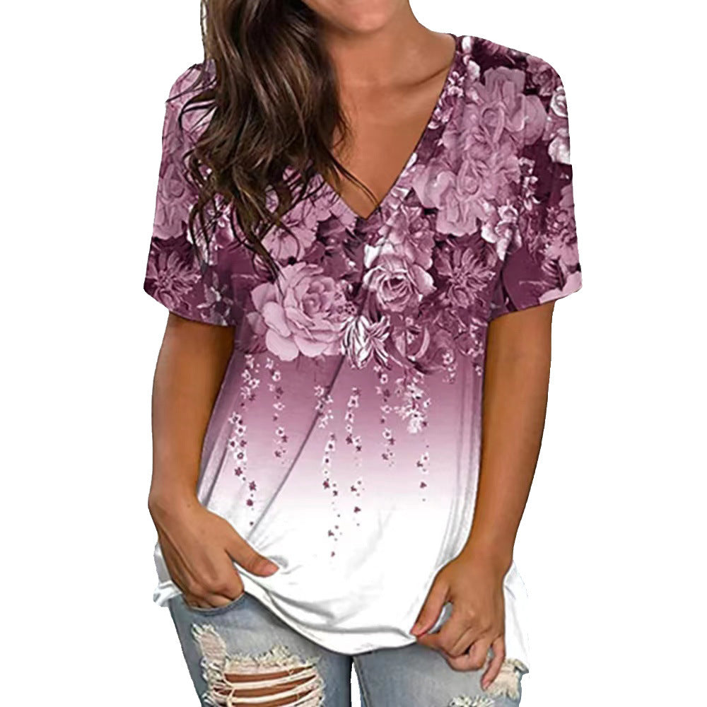 Women's Summer Floral Print Short-sleeved V-neck Blouses
