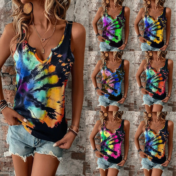 Women's Summer Random Printing Painted V-neck Open Blouses