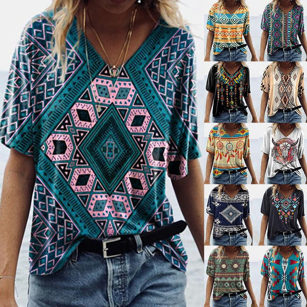 Women's Vintage Printed Geometric Pattern V-neck Sleeve Tops