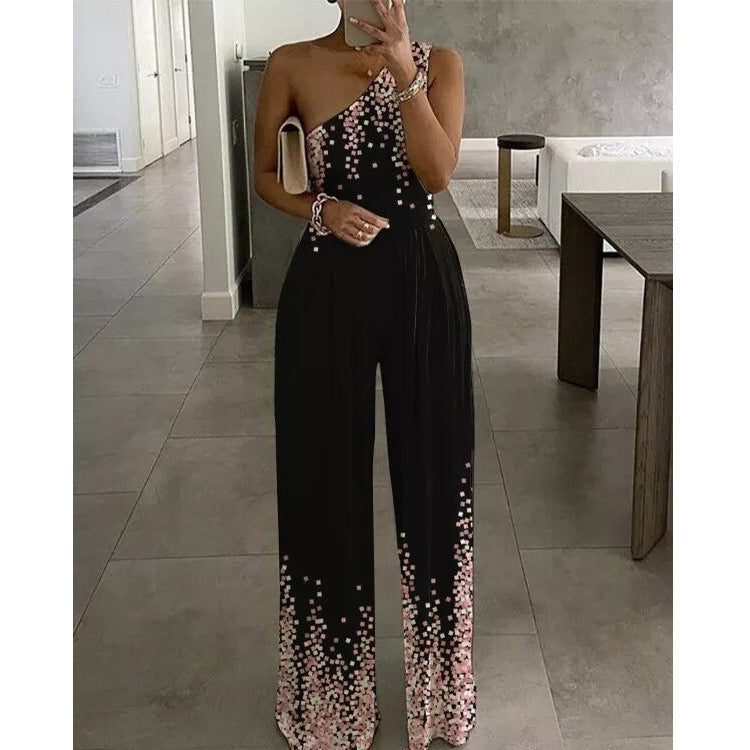 Women's Floral Spring Diagonal Collar Sleeveless Style Jumpsuits
