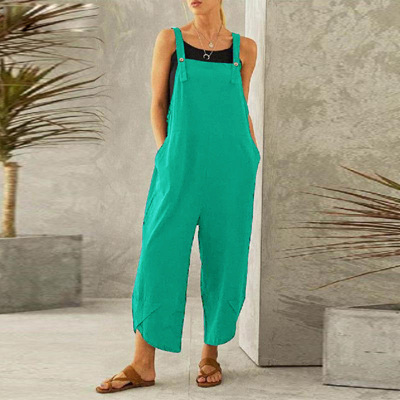 Women's Solid Color Casual Cropped Suspender Pants
