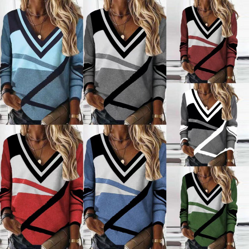 Women's Contrast Color Geometric Print Elegant Loose Blouses