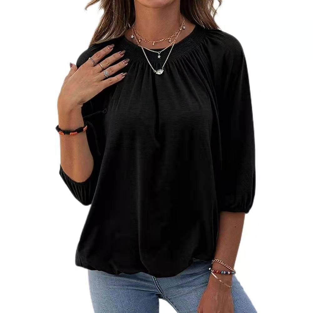 Women's Spring Solid Color Loose Round T-shirt Blouses