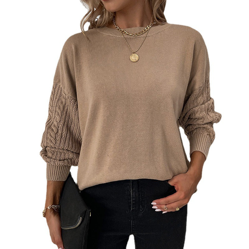 Women's Solid Color Round Neck Cable-knit Lantern Sweaters
