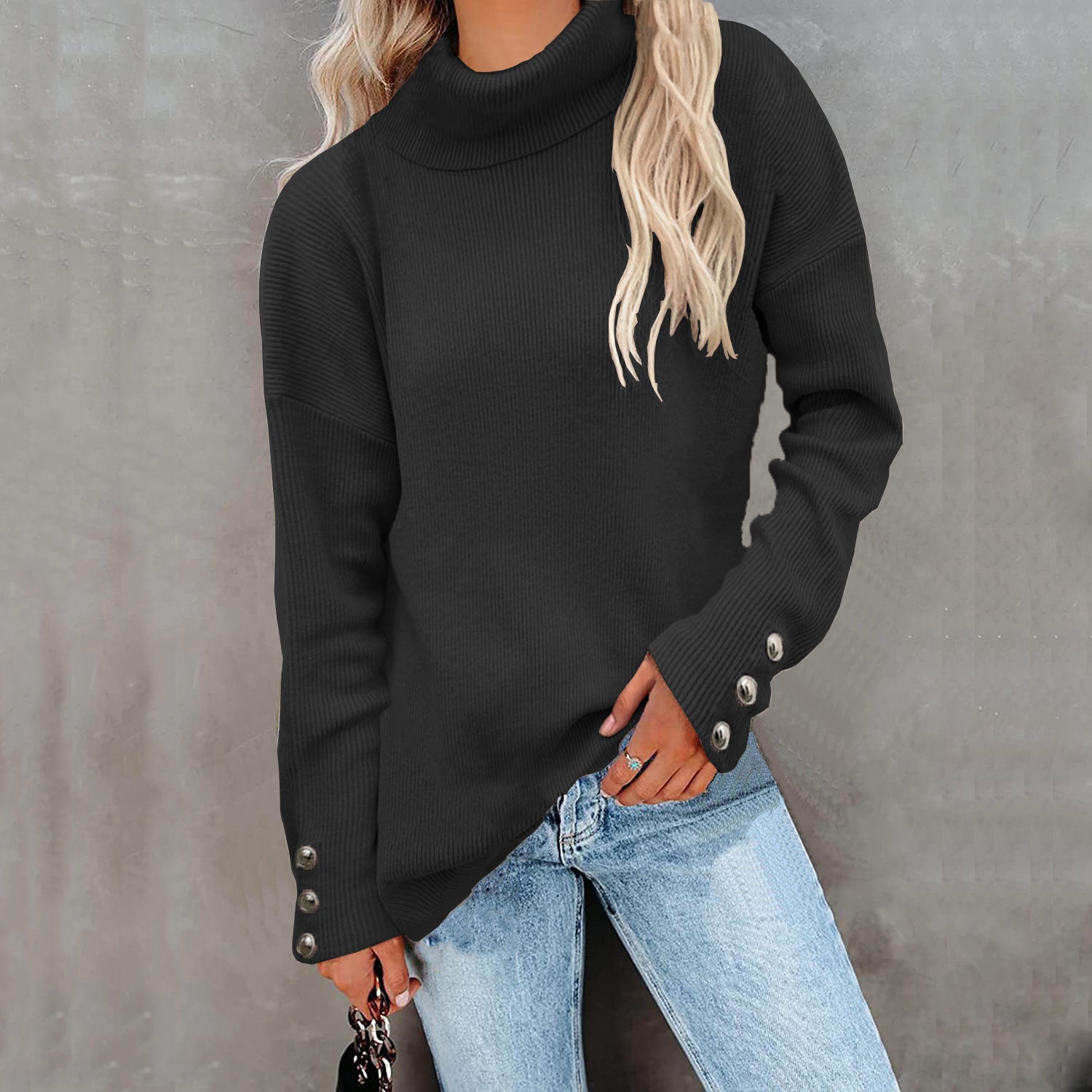 Women's Turtleneck Cuff Button Solid Color Casual Sweaters