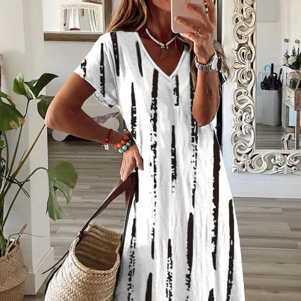 Women's Summer Printed Short-sleeved Split V-neck Loose Dresses