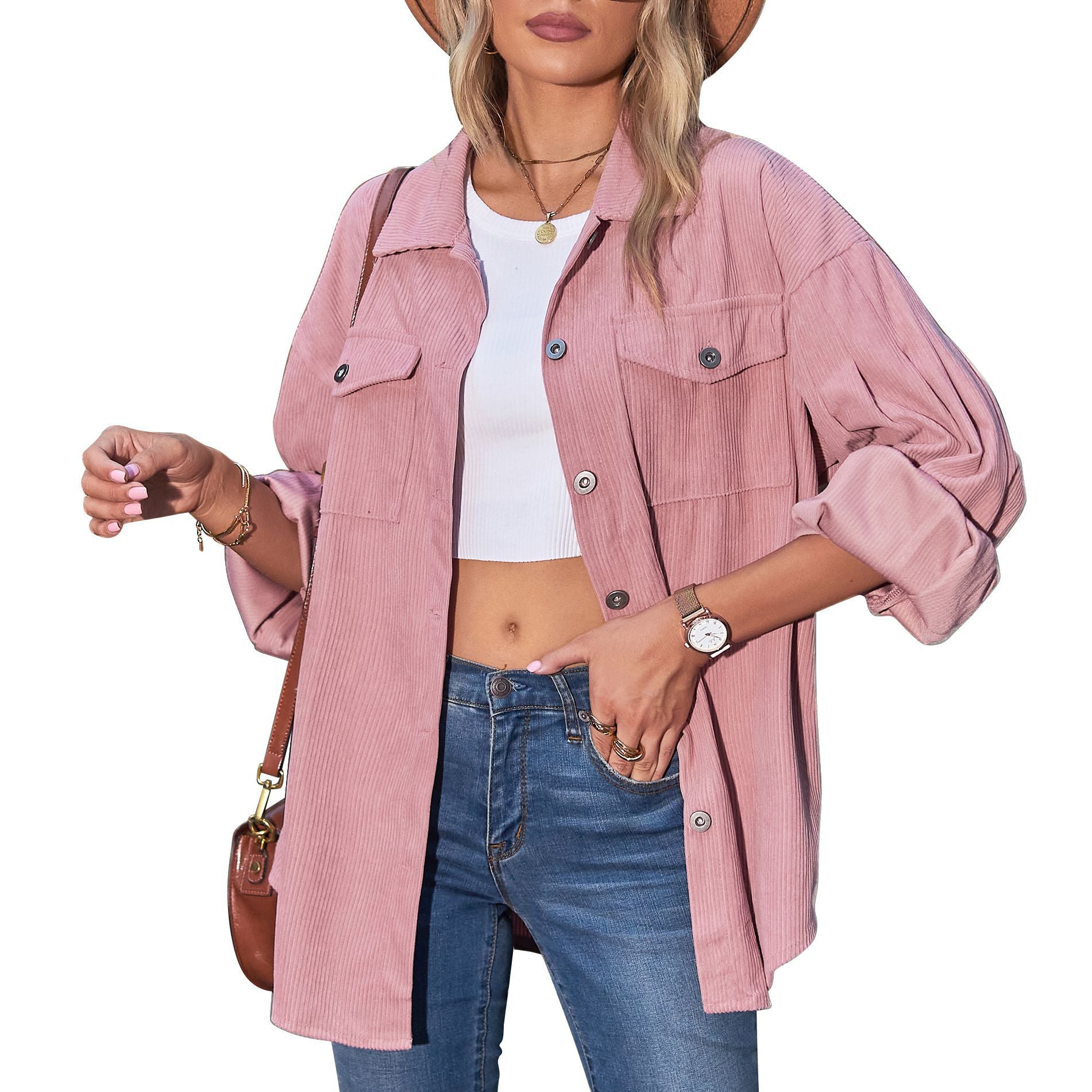 Women's Casual Loose Lantern Sleeve Corduroy Shirt Blouses