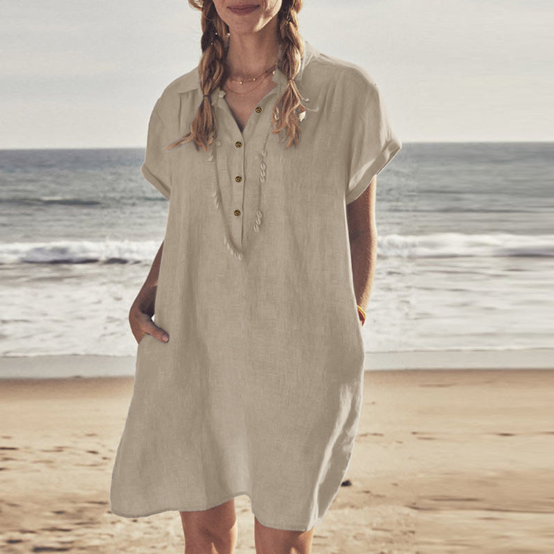 Cotton Linen Shirt Dress Pocket Beach Dresses