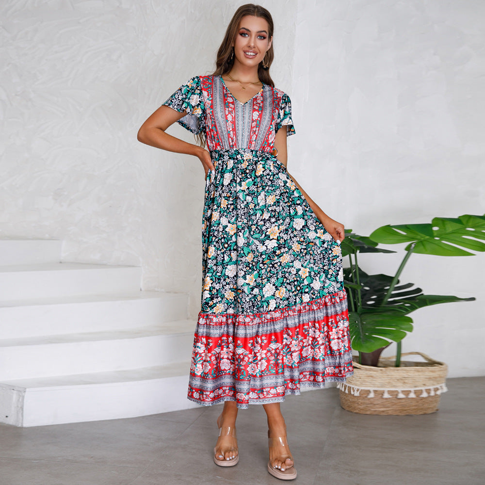 Women's Summer V-neck Ruffle Floral Print Long Dresses