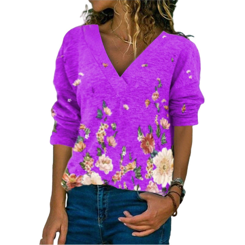 Women's V-neck Pullover Printed Long-sleeved T-shirt Blouses