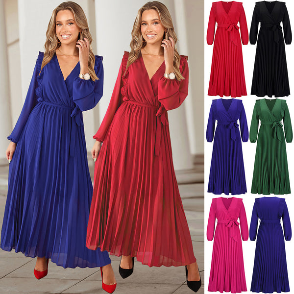 V-neck Long Sleeve Pleated Dress Midi Skirts