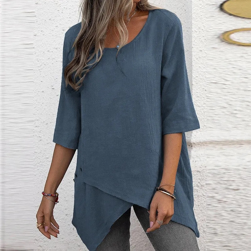 Women's Cotton Linen Irregular Shirt Half Sleeve Blouses