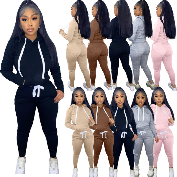 Women's Veet Drawstring Solid Color Hoodie Two-piece Set Suits