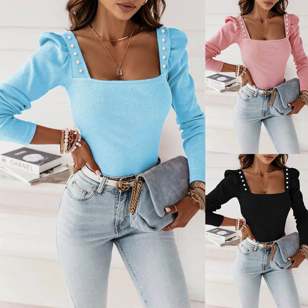 Solid Color Beaded Long Sleeve Sunken Blouses