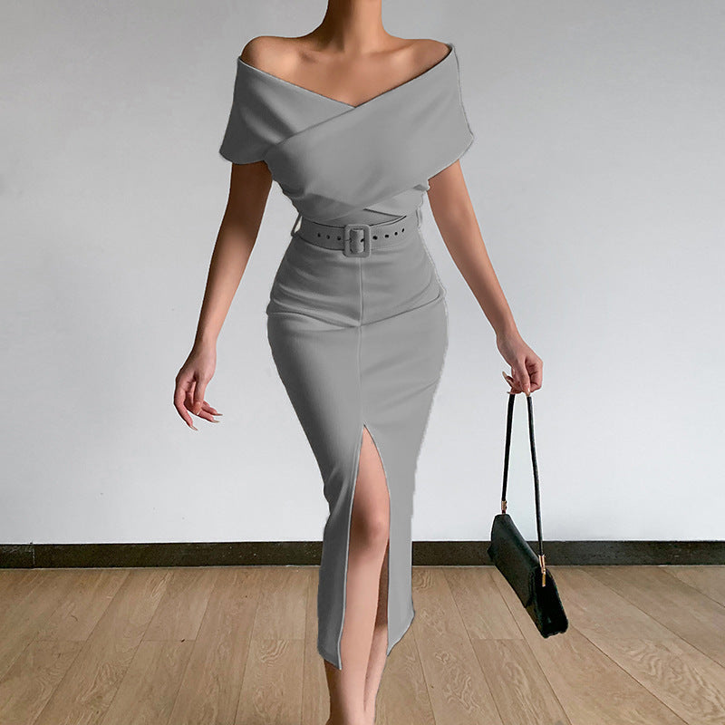 Graceful Commute Minimalist Young Off-shoulder Belt Dresses