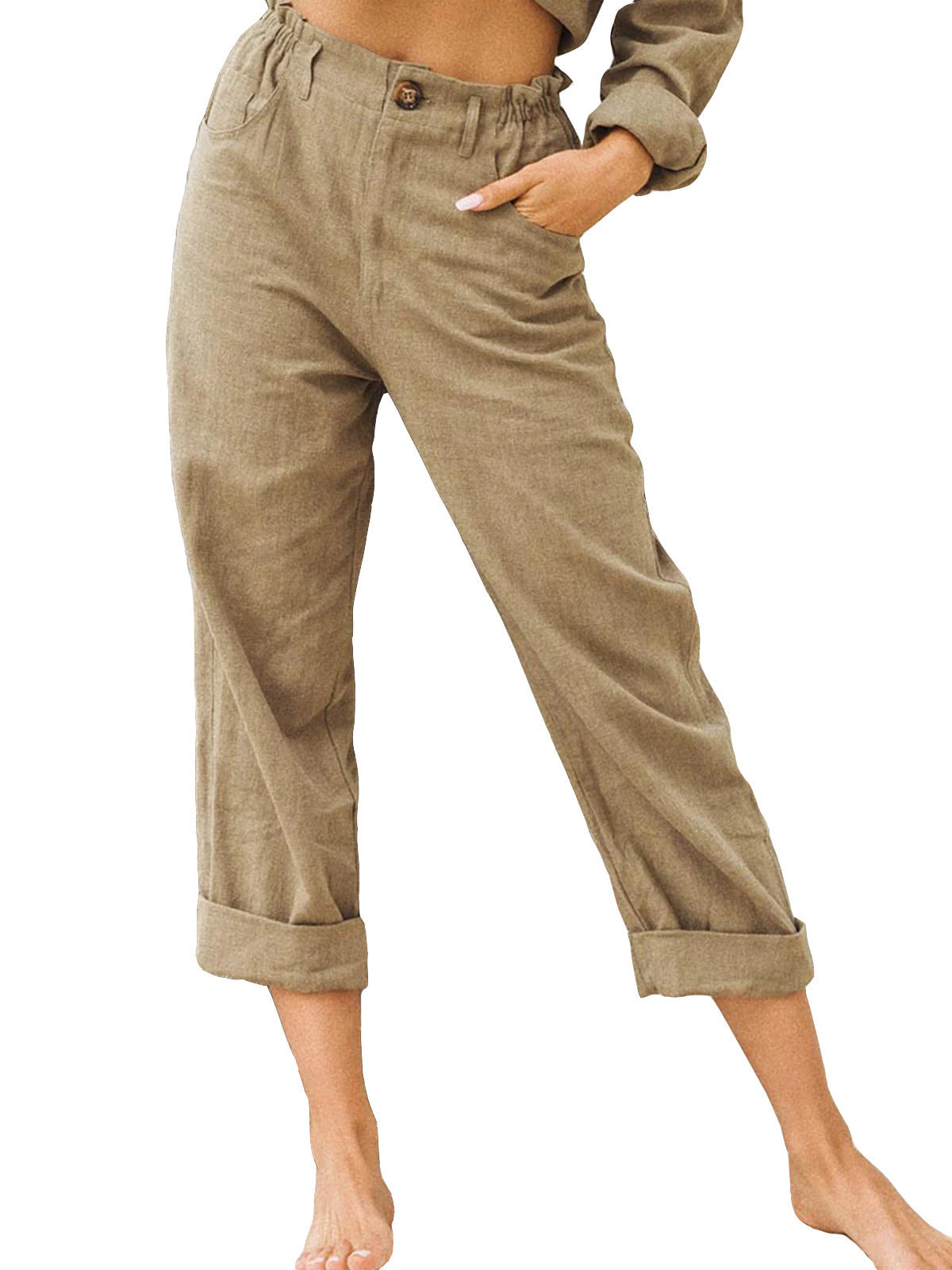 Women's Solid Color Cotton Linen Fashion Loose High Waist Casual Pants