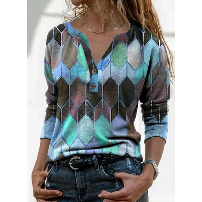 Women's Long Sleeve Printed V-neck Pullover Loose Blouses