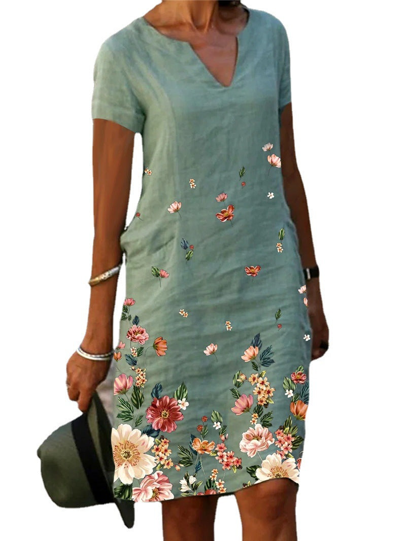 Women's Printed Cotton Linen Sleeve Midi V-neck Dresses