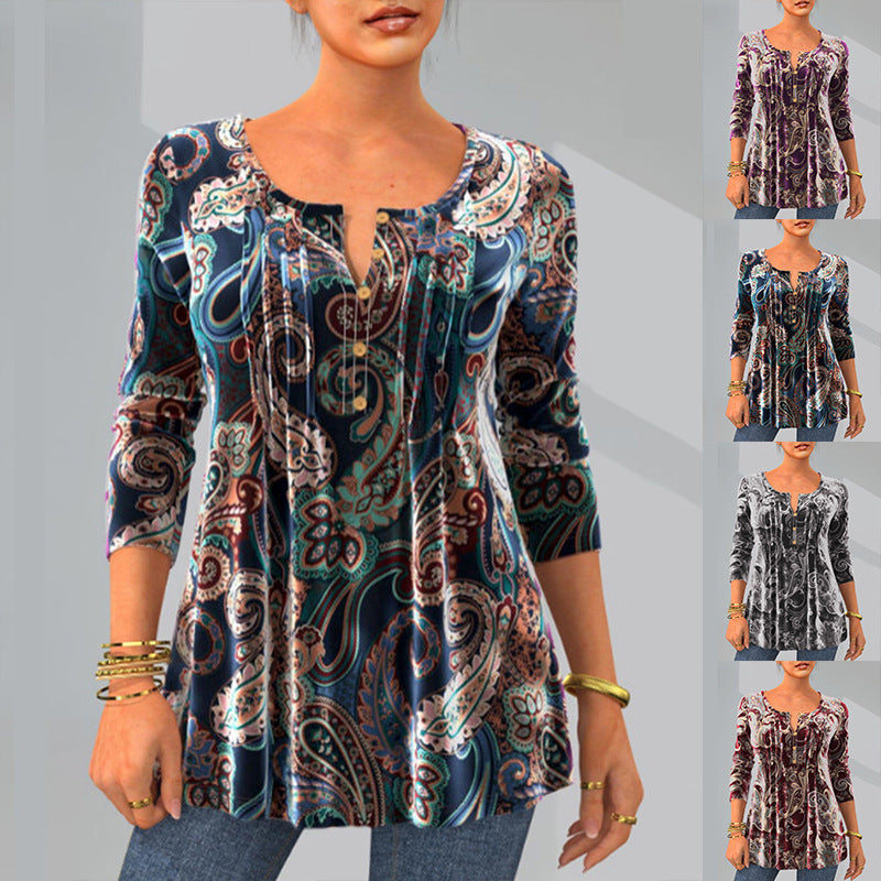 Women's Spring Print Round Neck Long-sleeved Blouses