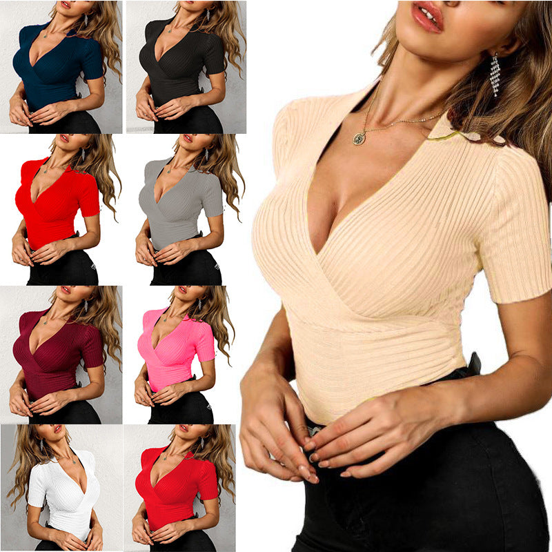Women's Summer V-neck Sexy Slim Knit Solid Color Tops