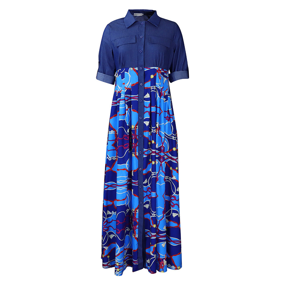 Women's Fashion Casual Denim Stitching Printing Long Dresses