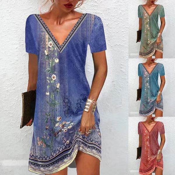 Women's Innovative National Style Printed V-neck Dresses