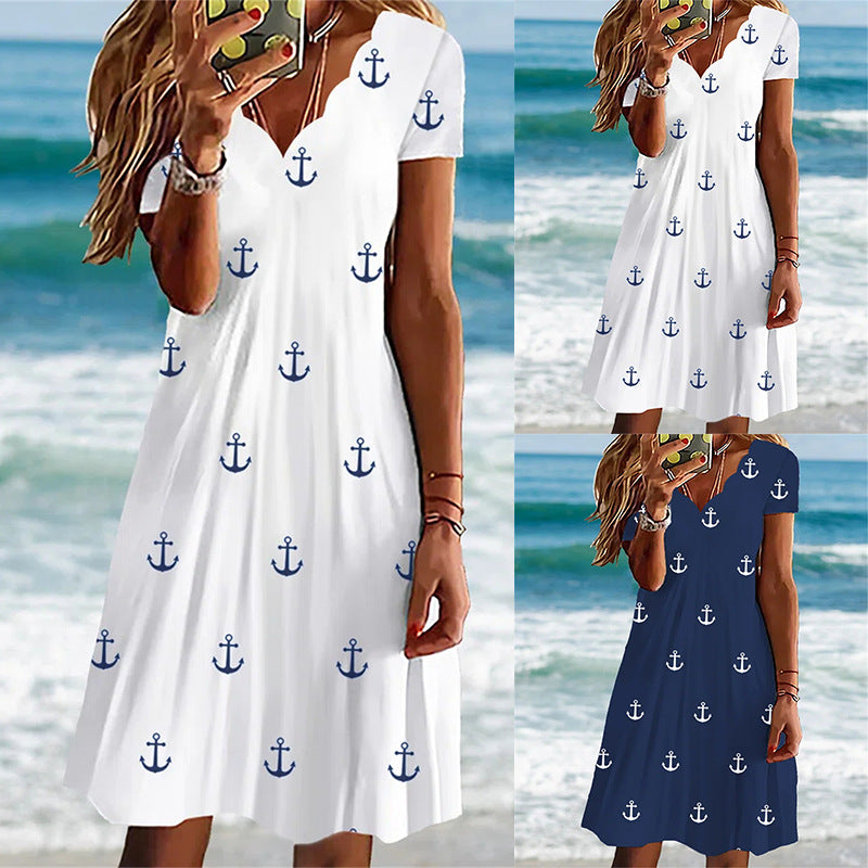 Summer Printed Slim-fit Short-sleeved Fluted Collar Dresses
