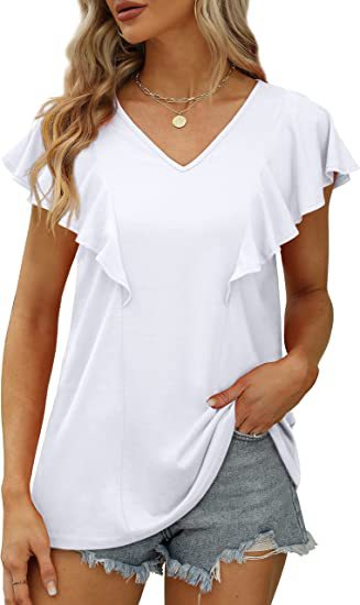 Women's Summer Ruffle V-neck Pleated Short-sleeved Blouses