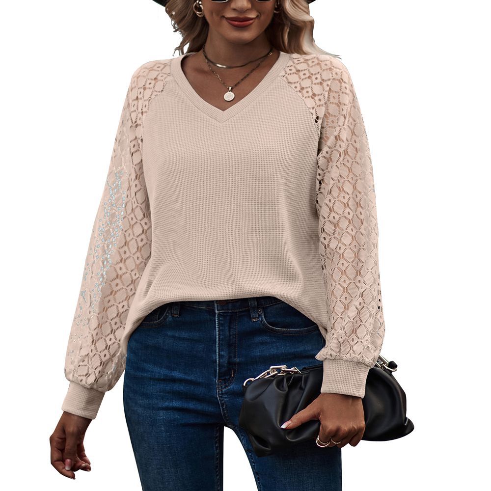 Women's Lace Puff Sleeve V-neck Long Tops